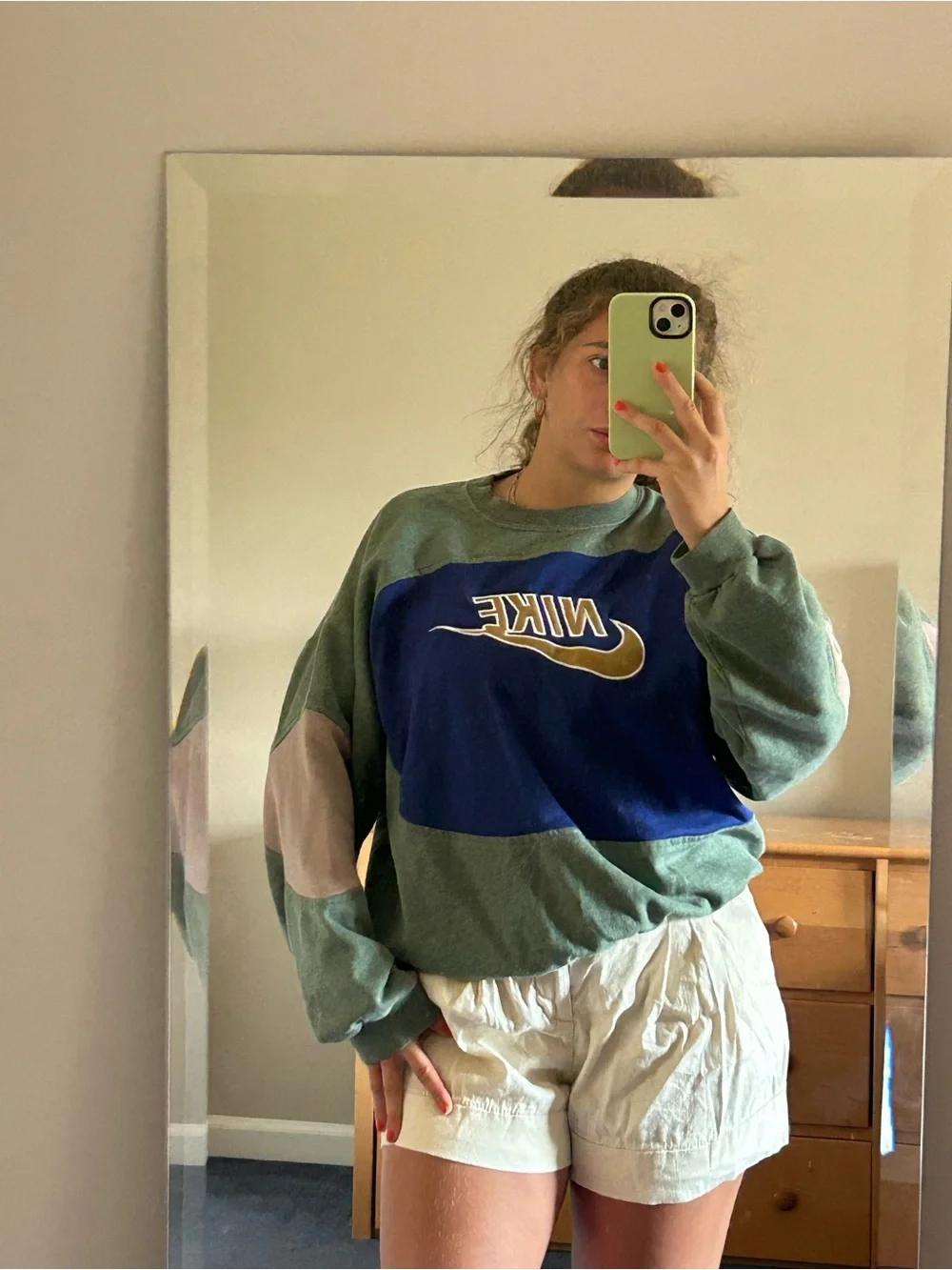 One of a kind reworked patched Nike green & blue crewneck